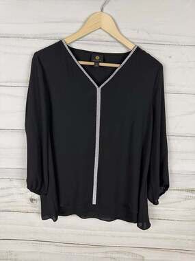 JM Collection Black Rhinestone-Trim V-Neck Blouse Size M